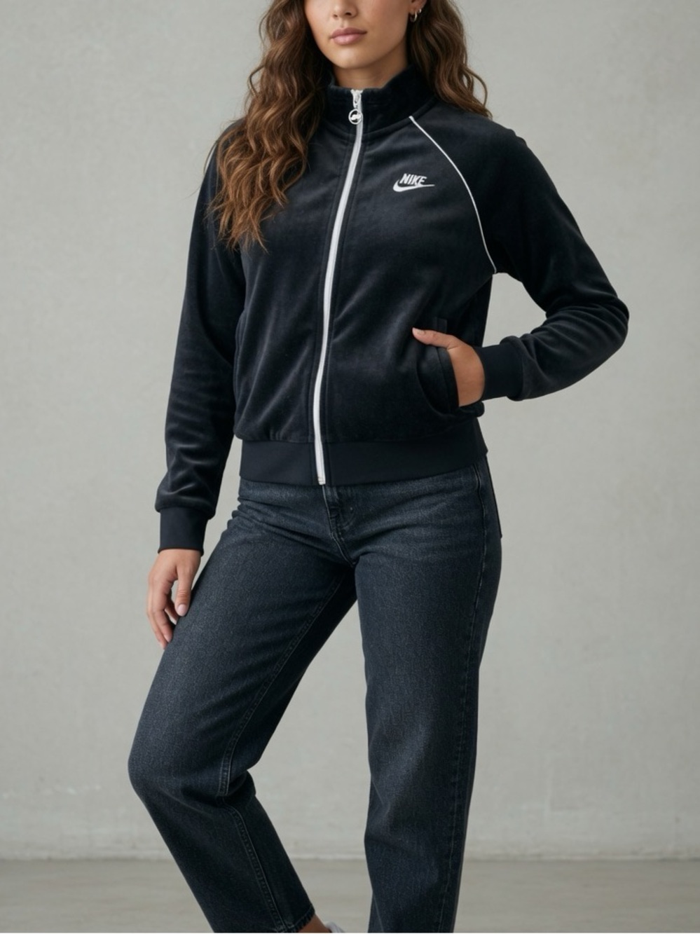 Nike Black Velour Track Jacket with White Piping and retro logo small